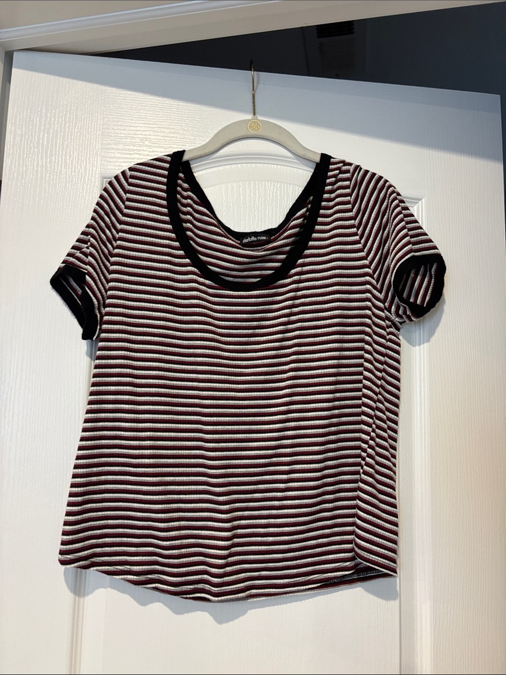 Charlotte Russe Burgundy & White Striped Short-Sleeve Tee with Black Trim